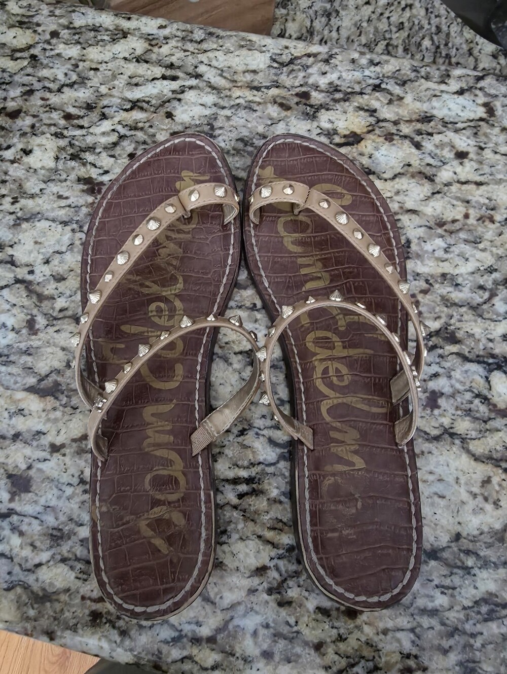Sam Edelman Gordie Gold Studded Brown/Tan Leather Sandals Sz 8.5